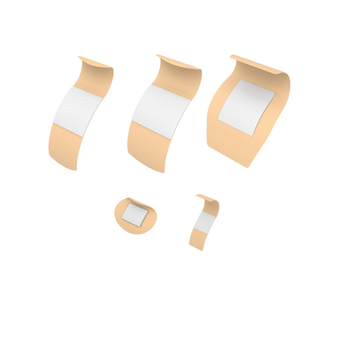 Five Dynarex Sheer Plastic Adhesive Bandages - Sterile, in various shapes and sizes with white pads and beige edges, are arranged on a white background.